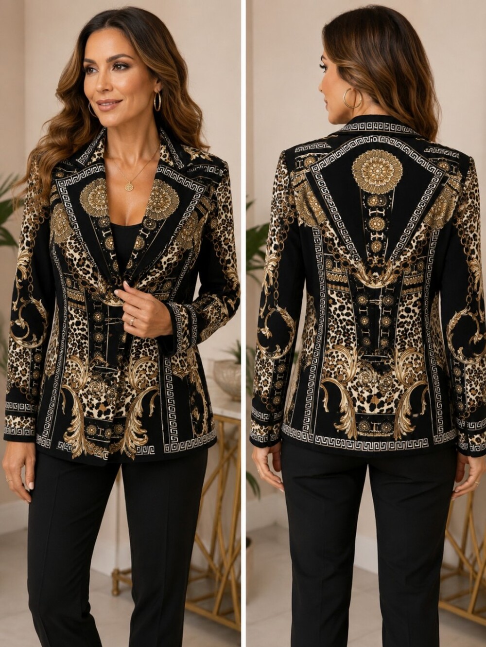 Women's Black & Gold Baroque Print Blazer Jacket